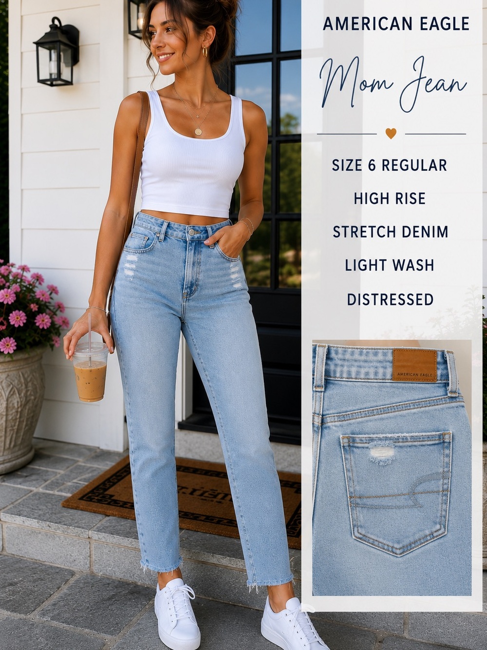 American Eagle Mom Jeans High Rise Light Wash Distressed Stretch Denim Y2K 90s